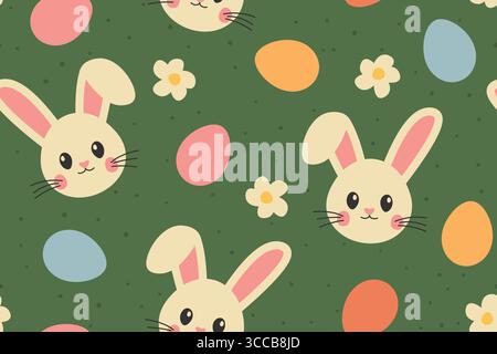 seamless spring, easter pattern with bunnies, colorful eggs and daisy flowers- vector illustration Stock Vector