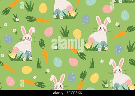 seamless easter pattern with rabbits, carrots, eggs, grass and daisy flowers - vector illustration Stock Vector