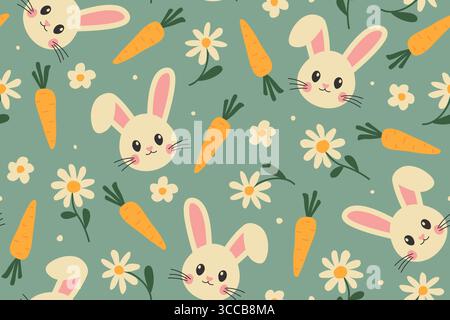seamless easter pattern with rabbits, carrots and daisy flowers - vector illustration Stock Vector