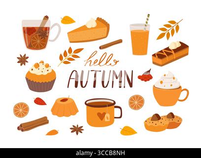 Set of seasonal pumpkin spices, pie, latte, food, and drink hand drawn vector illustration. Collection of autumn sweet cake or pastries, hot drinks, f Stock Vector