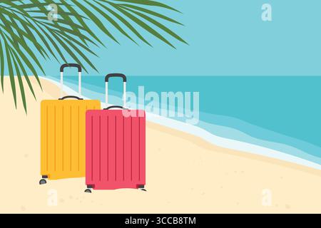 travel suitcases on the tropical sandy beach, Paid Time Off, vacation concept- vector illustration Stock Vector