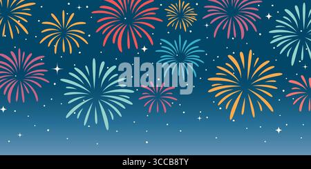 night sky with colorful fireworks; New Year Eve background- vector illustration Stock Vector