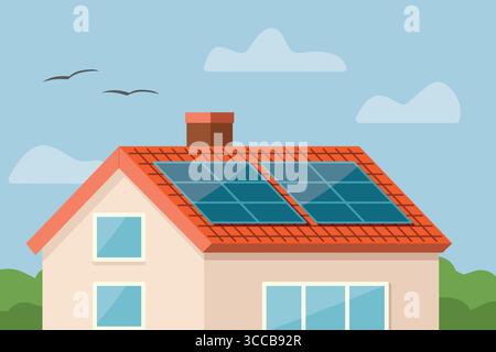single-family house with solar panels on the roof; symbolizing sustainable living and renewable energy; perfect for eco-friendly concepts, green techn Stock Vector