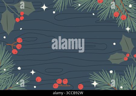 winter, christmas background; fir branches, holly, sparkles and snow on wooden desk- vector illustration Stock Vector