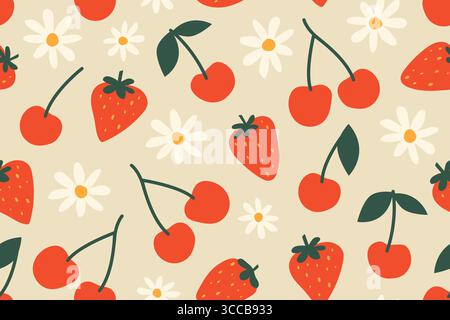 seamless summer patter with strawberries, cherries and daisy flower- vector illustration Stock Vector
