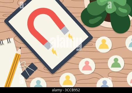 digital tablet displaying a magnet icon attracting customer icons; customer retention, marketing strategies concept - vector illustration Stock Vector