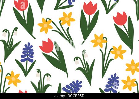 easter, spring seamless pattern with tulip, hyacinth, snowdrops and daffodil flowers- vector illustration Stock Vector