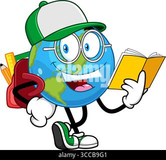 School Earth Globe Cartoon Character With Backpack Reading Book – Vector Hand Drawn Illustration Isolated On Transparent Background Stock Vector