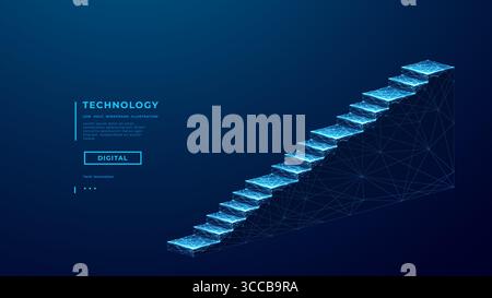 Straight staircase with podiums in low poly wireframe blue style Stock Vector