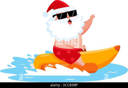 Summer Santa Claus Cartoon Character Riding Banana Boat On Water – Vector Illustration Flat Design Isolated On Transparent Background Stock Vector