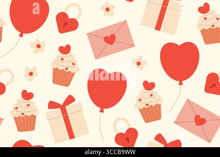 Valentine's Day seamless pattern with balloon, muffin, love letter, padlock, gift box and flowers; february background- vector illustration Stock Vector