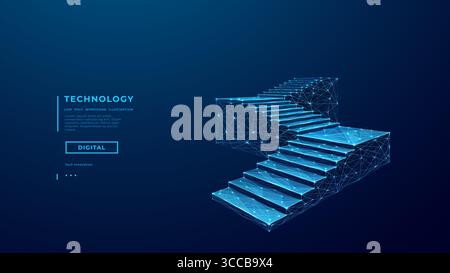 Isometric digital staircase up in low poly wireframe style  Stock Vector