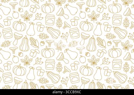 Thanksgiving, autumn seamless pattern with acorn, pear, apple, mushroom, pumpkin, leaves, corn, jam jar icons- vector illustration Stock Vector
