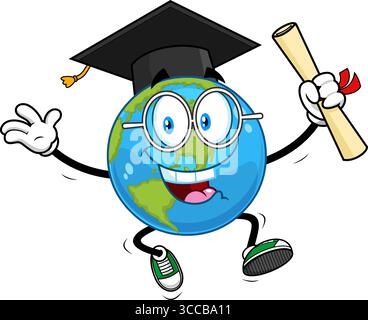 School Earth Globe Cartoon Character Jumping With Graduation Cap And Diploma – Vector Hand Drawn Illustration Isolated On Transparent Background Stock Vector