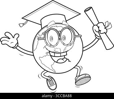 School Earth Globe Cartoon Character Jumping With Graduation Cap And Diploma – Black and White Vector Hand Drawn Illustration Stock Vector