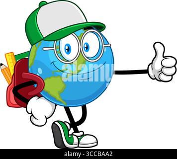School Earth Globe Cartoon Character Giving Thumbs Up – Vector Illustration Flat Design Isolated On Transparent Background Stock Vector