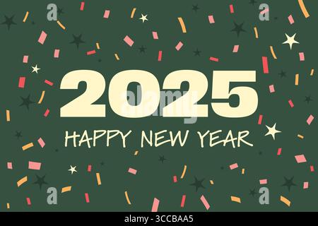Happy new year 2025 on golden pattern with champagne glasses, fireworks, sparklers, bauble, christmas tree- vector illustration Stock Vector