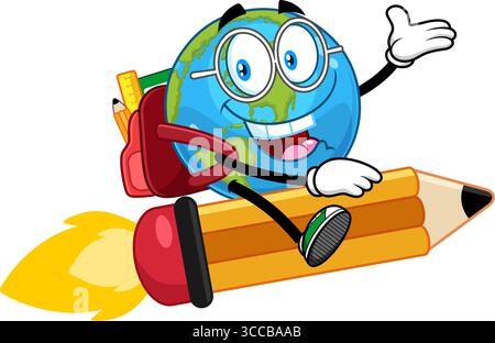 School Earth Globe Cartoon Character With Backpack Riding Flying Rocket Pencil And Waving – Vector Hand Drawn Illustration Stock Vector