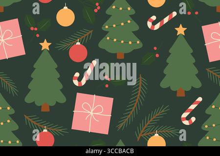 christmas seamless pattern with christmas tree, candy cane, bauble, gift box, holly berries and fir twigs; great for wrapping, greeting cards, social Stock Vector