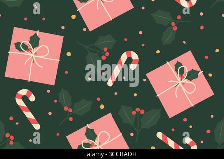 christmas seamless pattern with christmas candy cane, gift box, holly berries and colorful dots; great for wrapping, greeting cards, social media grap Stock Vector