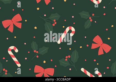 christmas seamless pattern with christmas candy cane, red bows, holly berries and colorful dots; great for wrapping, greeting cards, social media grap Stock Vector