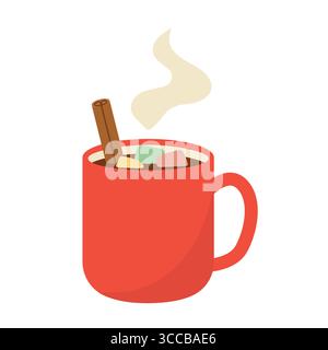 cup of hot winter, christmas drink; cocoa with marshmallows and cinnamon stick- vector illustration Stock Vector