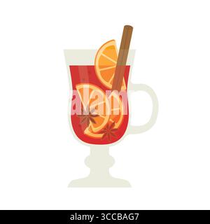mulled wine with orange slices, cinnamon roll and clove - vector illustration Stock Vector