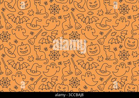 Halloween seamless pattern with Jack o lantern, cat, ghost, spiderweb, spider, broom, witch hat, bat and autumn leaves- vector illustration Stock Vector