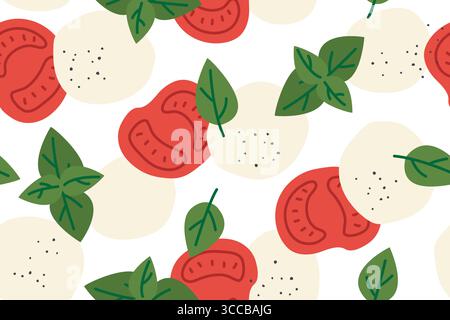 caprese salad seamless pattern: tomatoes, mozzarella cheese and basil leaves- vector illustration Stock Vector