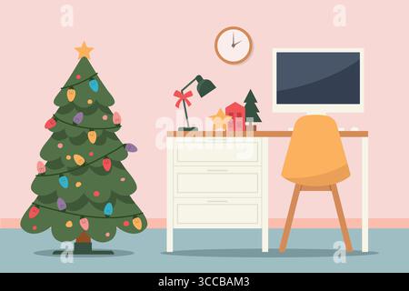Christmas, New Year office or home office interior- vector illustration Stock Vector