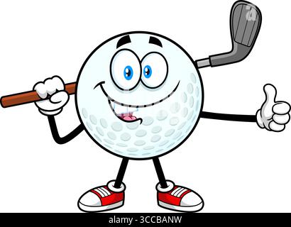 Cute Golf Ball Cartoon Character Giving The Thumbs Up. Vector Hand Drawn Illustration Isolated On Transparent Background Stock Vector