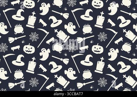 Halloween seamless pattern with Jack o lantern, ghost, spiderweb, spider, grave, broom, witch hat, cauldron and vampire fangs- vector illustration Stock Vector