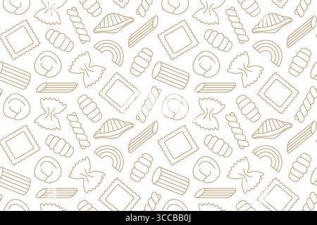 seamless pattern with different pasta types: penne; ravioli; farfalle; fusilli, conchiglie, rigatoni, gnocchi, tortellini- vector illustration Stock Vector