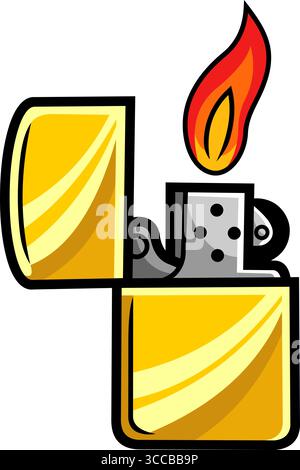 Cartoon Open Pocket Lighter With Flame. Vector Hand Drawn Illustration Isolated On Transparent Background Stock Vector