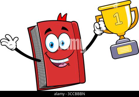 School Textbook Cartoon Character Holding A Gold Cup Trophy. Vector Hand Drawn Illustration Isolated On Transparent Background Stock Vector
