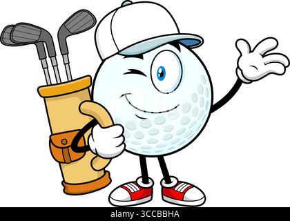 Smiling Golf Ball Cartoon Character Holding Golf Bag And Waving. Vector Hand Drawn Illustration Isolated On Transparent Background Stock Vector