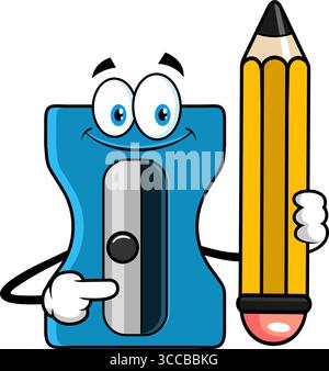 School Sharpener Cartoon Character Holding A Pencil. Vector Hand Drawn Illustration Isolated On Transparent Background Stock Vector
