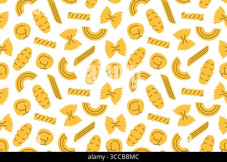 seamless pattern with different pasta types: penne; farfalle; fusilli, tortellini and gnocchi - vector illustration Stock Vector