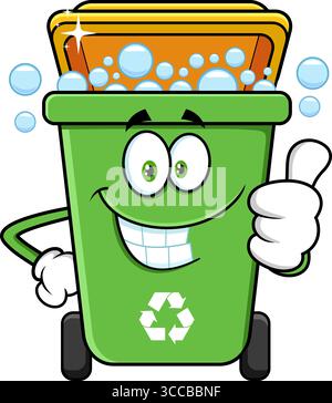 Green Recycle Trash Bin Cartoon Character Cleaning And Giving The Thumbs Up. Vector Hand Drawn Illustration Isolated On Transparent Background Stock Vector