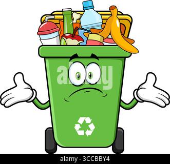 Green Recycle Trash Bin Cartoon Character Full With Garbage And Open Arms. Vector Hand Drawn Illustration Isolated On Transparent Background Stock Vector