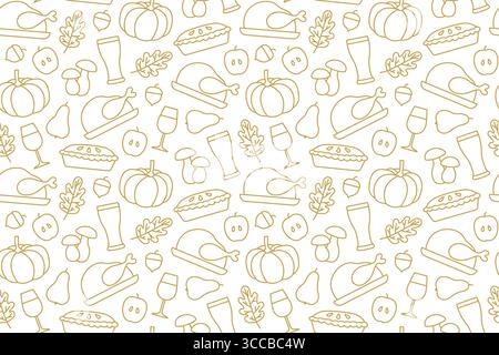 seamless pattern with roasted turkey, acorn, pear, apple, beer, wine, mushroom, apple pie, pumpkin, oak leaf icons- vector illustration Stock Vector