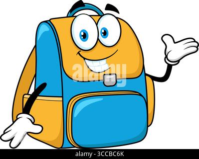 School Backpack Cartoon Character Waving For Greeting. Vector Hand Drawn Illustration Isolated On Transparent Background Stock Vector