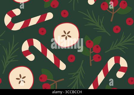 winter, christmas seamless pattern with rosemary leaves, candy canes, cranberries and dried apples- vector illustration Stock Vector
