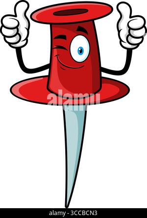 School Red Push Pin Cartoon Character Giving Double Thumbs Up. Vector Hand Drawn Illustration Isolated On Transparent Background Stock Vector