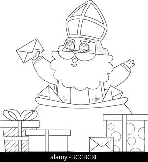 Outlined Cute Saint Nicholas or Sinterklaas Cartoon Character With A Letter In A Sack Full Of Gifts. Vector Hand Drawn Illustration Stock Vector