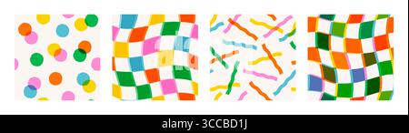 Seamless patterns with colorful dot, wavy checker and steamers confetti in retro abstract style. Dot and checker seamless pattern with bright Stock Vector