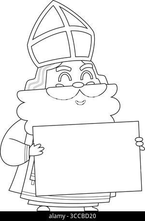 Outlined Cute Saint Nicholas or Sinterklaas Cartoon Character Holding A Blank Sign. Vector Hand Drawn Illustration Isolated On Transparent Background Stock Vector