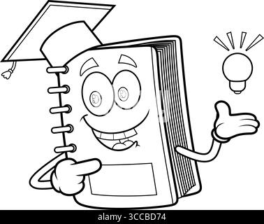 Outlined School Textbook Cartoon Character With Graduate Cap Pointing To Light Bulb. Vector Hand Drawn Illustration Isolated On Transparent Background Stock Vector