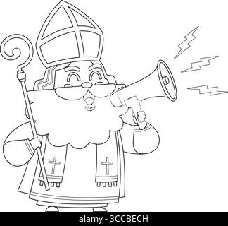 Outlined Cute Saint Nicholas or Sinterklaas Cartoon Character Speaking Through A Megaphone. Vector Hand Drawn Illustration Stock Vector