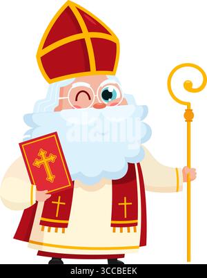 Cute Saint Nicholas or Sinterklaas Cartoon Character With Bible And Scepter. Vector Illustration Flat Design Isolated On Transparent Background Stock Vector